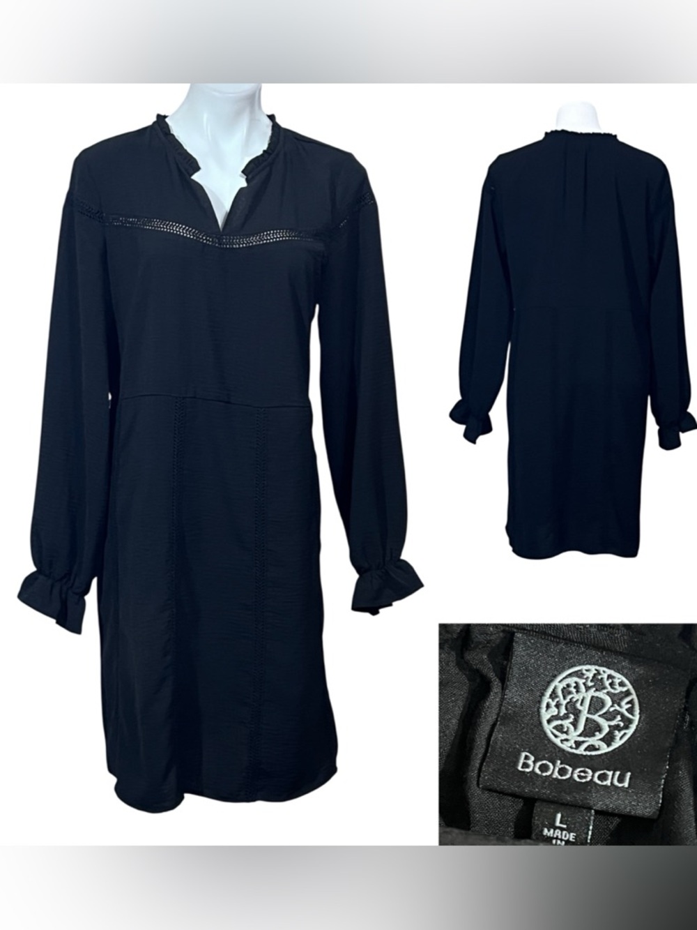 bobeau dress sz‎ L Black Long-Sleeve Ruffle Cuff Shift V-neck office church